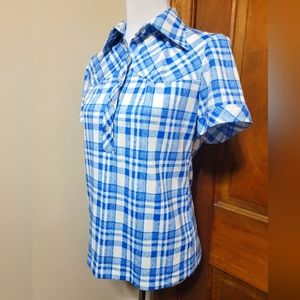 Vintage Alex Colman 60s 70s Blue Houndstooth Western Button Yoke Blouse  L/XL